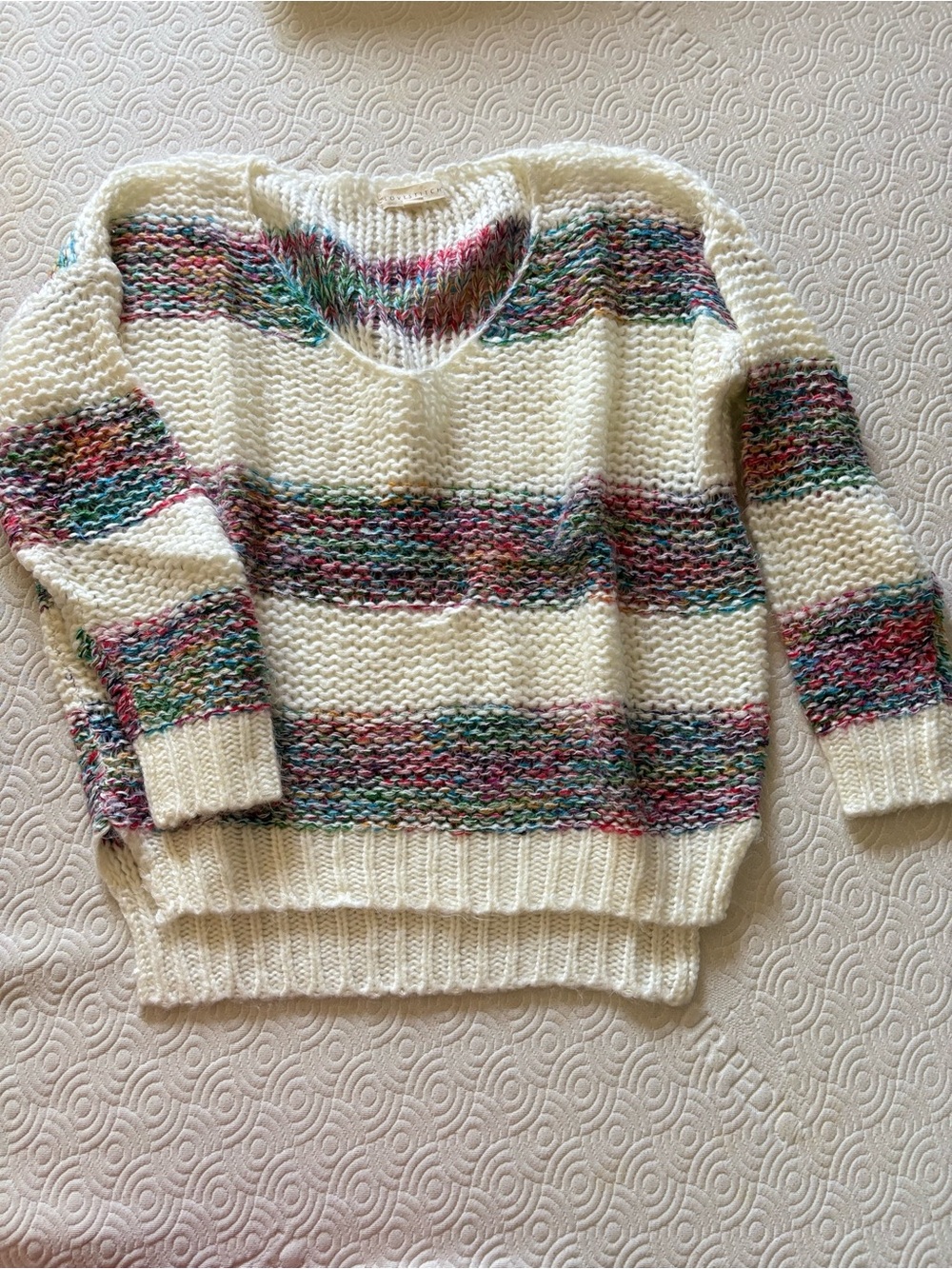 lovestitch Cream V-Neck Sweater with Multicolor Stripes